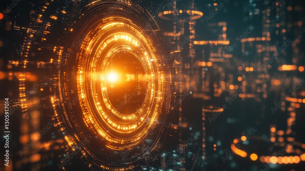 Poster cyber risk protection visualization, futuristic shield icon glowing against a backdrop of moving enc