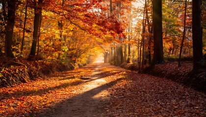 Obraz premium Golden Autumn Pathway Through a Sunlit Forest, Sunlit Forest Pathway Dressed in Fiery Autumn Hues, Tranquil Walkway Amidst Vibrant Autumn Foliage.
