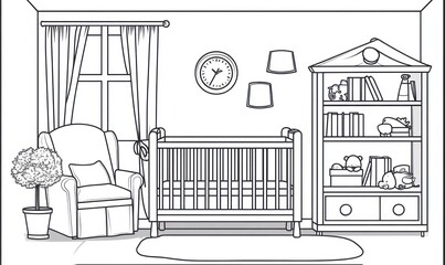 Black and white line drawing of a baby room interior with crib, rocking chair, bookshelf, and window.