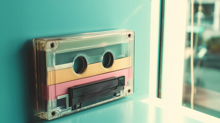 Fototapeta premium Vintage Retro-Style Audio Cassette Tape Displayed Against a Bright Background
