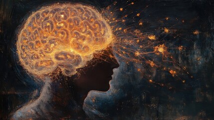 Cybernetic brain with electric pulses and glowing circuits, visualizing neural networks and deep learning.