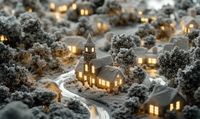 Fototapeta premium Miniature snow-covered village with glowing lights at dusk, perfect for winter holiday scenes
