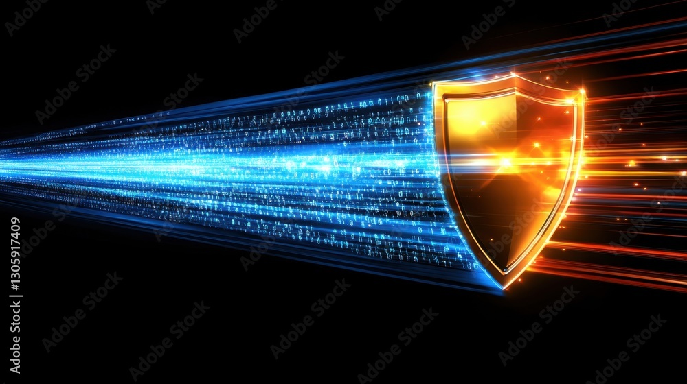 Aufkleber cybersecurity concept, a bright shield icon defending a stream of encrypted data, representing digit