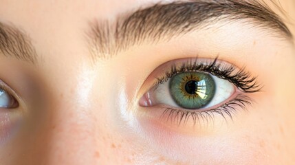 Obraz premium Close-up of a woman's eye with green iris and long eyelashes