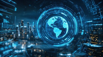 Fototapeta premium Cyberpunk-style holographic city with blue glowing buildings and a central floating Earth, digital future concept