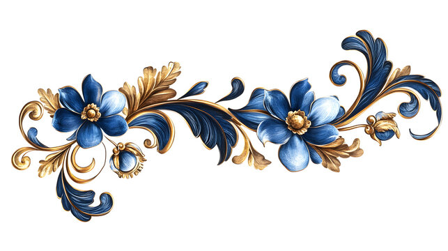 A blue and gold flower design with a gold leaf