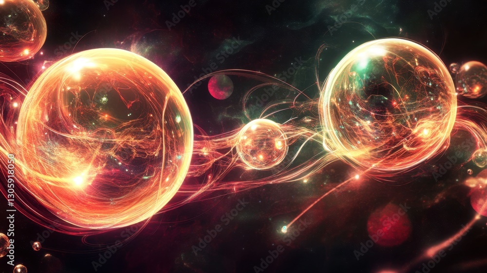 Poster digital art depicting a network of interconnected, glowing orbs with energy-like lines flowing betwe