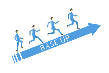ベースアップと書かれた右肩上がりの矢印の上を走るビジネスチーム