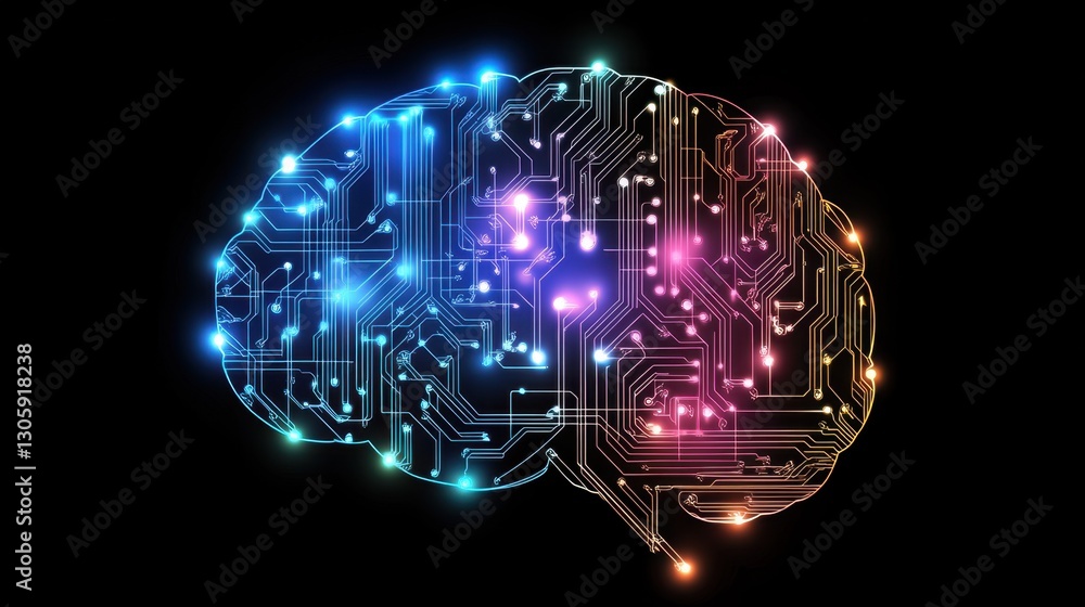 Poster digital brain with complex circuits, blue and purple glow, symbolizing artificial intelligence and i