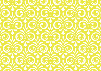 Wallpaper in the style of Baroque. White and yellow floral ornament. Seamless vector background. Graphic pattern for fabric, wallpaper, packaging. Ornate Damask flower illustration
