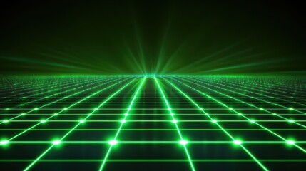 Digital cyber grid with glowing green neon connections and abstract technological elements. Futuristic network concept.