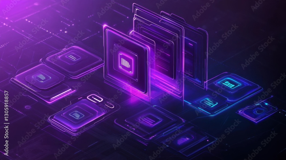 Poster digital file icons in a well-organized computer directory, glowing interface, futuristic style