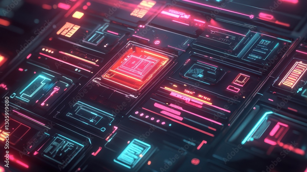 Poster digital file icons in a well-organized computer directory, glowing interface, futuristic style
