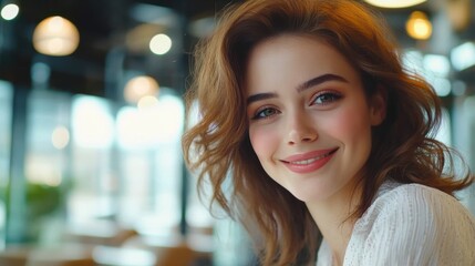 Obraz premium Beautiful woman smiling in cafe