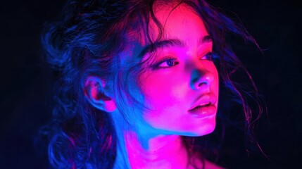 Neon portrait of a young woman with blue and pink lighting