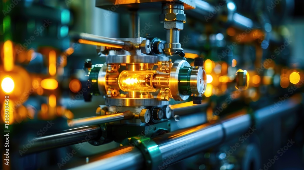 Aufkleber close-up of a futuristic particle accelerator illuminated with orange lights