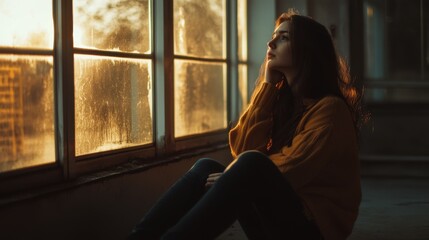 Woman sitting by window golden hour light