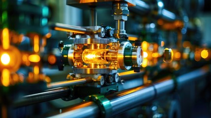 Fototapeta premium Close-up of a Futuristic Particle Accelerator Illuminated with Orange Lights