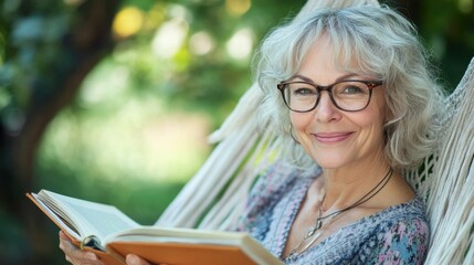 Relaxed senior woman reading book in hammock
