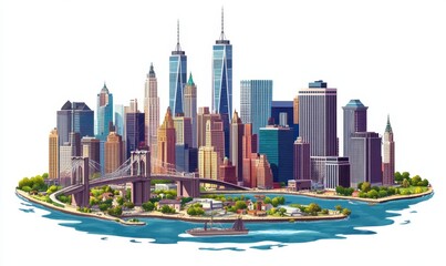 Fototapeta premium NYC island cityscape with bridge, buildings, and water for tourism ads