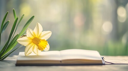 Daffodil Blossom Resting on Open Book in Soft Spring Sunlight