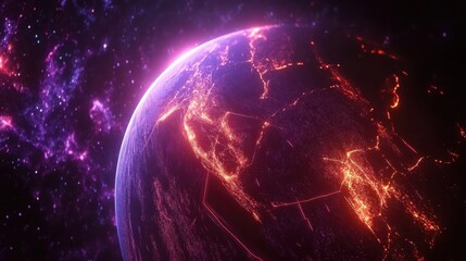 Obraz premium Digital representation of Earth in space, bright neon network lines connecting glowing cities