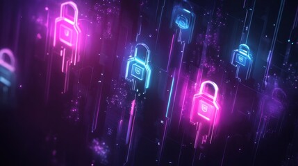 Digital security concept with multiple key icons and floating password fields, high-tech interface.