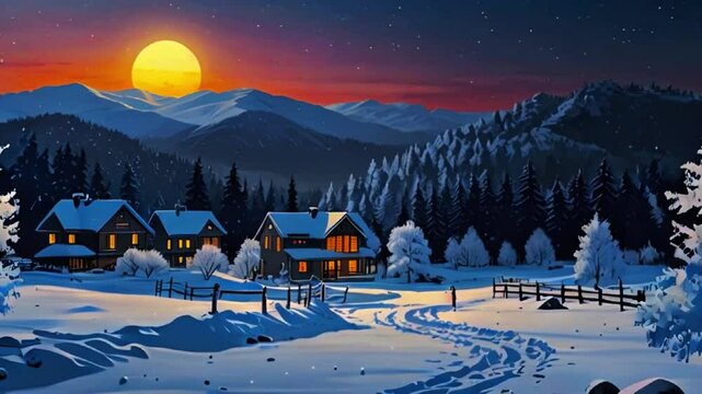 Winter village landscape in the mountains sunset, snow covered mountain village with wooden duplex houses beside a jungle with the sun setting behind the the mountains and stars coming out generative 