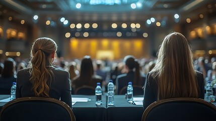 Interview and round table discussion at business convention and presentation. Audience at the conference hall. Business and entrepreneurship symposium,

