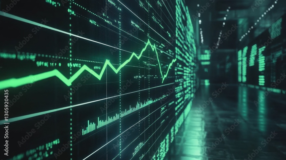 Poster digital stock market screen displaying a sharp green upward arrow on a financial growth chart