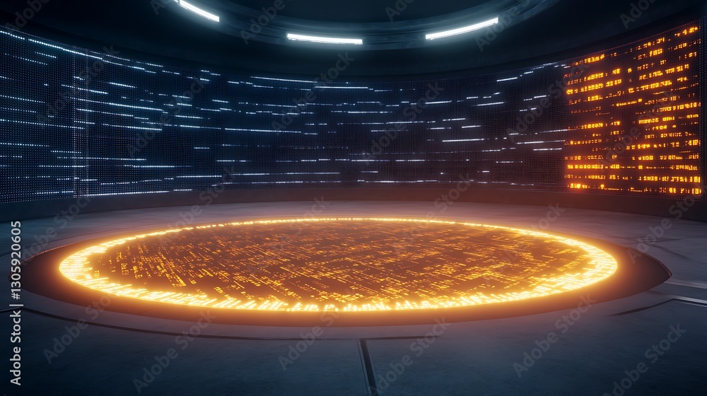 Poster Futuristic high-frequency trading hub with glowing elements in an advanced tech environment.