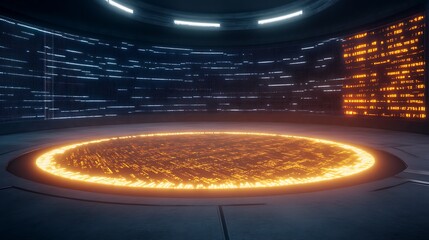 Futuristic high-frequency trading hub with glowing elements in an advanced tech environment.