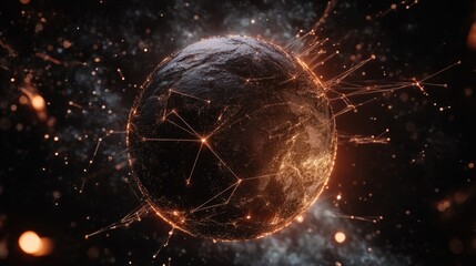 Digital visualization of Earth with moving data lines and connection nodes glowing in space.