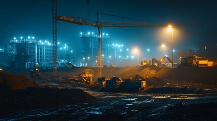Night construction site with cranes and heavy machinery under blue light