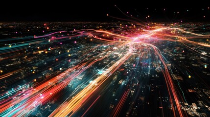 Fototapeta premium Digital world map with illuminated data trails connecting major financial and tech hubs.