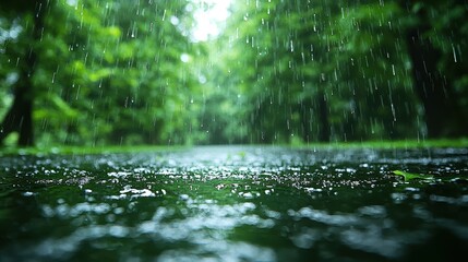 Fototapeta premium Rainy Park Path, Green Trees, Water Drops