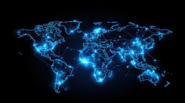 Digital world map with interconnected nodes and glowing data links, cyber security theme