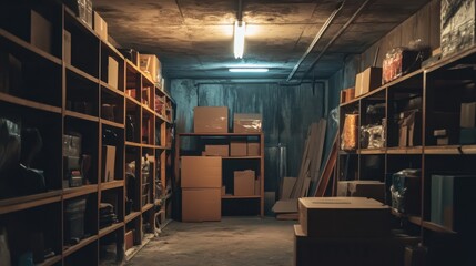 Dimly lit basement with wooden shelves and cardboard boxes stacked
