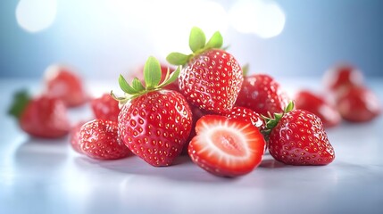 Fresh and Juicy Strawberries with Bright Red Color and Green Leaves on Bright Background
