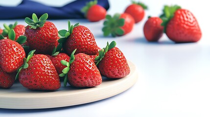 Fresh and Juicy Strawberries Arranged on a Wooden Plate with a Clean Background and Additional Berries