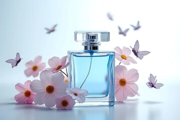 Product photography featuring a perfume bottle surrounded by flowers and butterflies in flight, with a gradient blue glass material, a clean background, and ample white space, creating a high-end feel