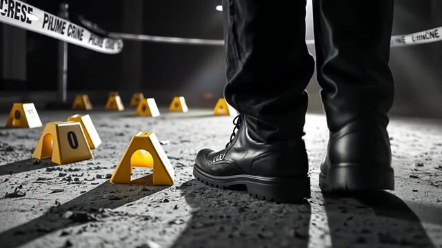 Close-up of a police officer&rsquo;s boots on a wet pavement with a crime scene in the background.