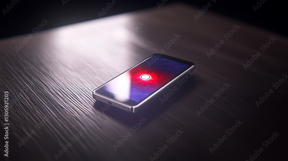 Poster modern smartphone with illuminated screen displaying a red circle on a wooden table in low light env