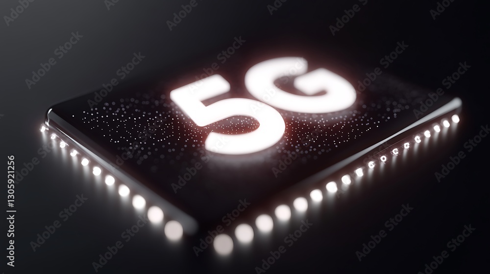 Poster brightly lit abstract 5g symbol on dark background with glowing particles and futuristic design elem