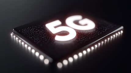 Brightly Lit Abstract 5G Symbol on Dark Background with Glowing Particles and Futuristic Design Elements