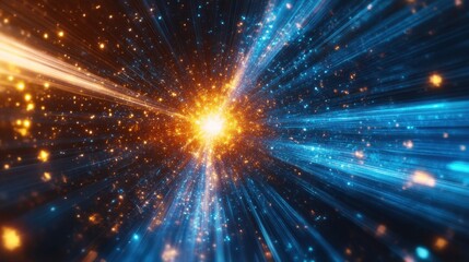 Obraz premium Dynamic particle explosion with bright neon energy streaks, science and technology theme