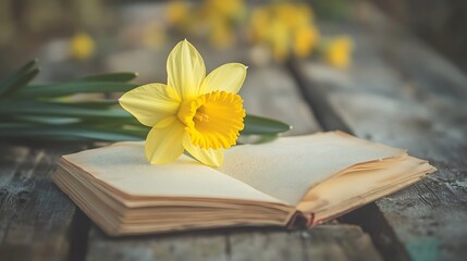 Open Book with Yellow Flower on Rustic Wooden Surface Closeup