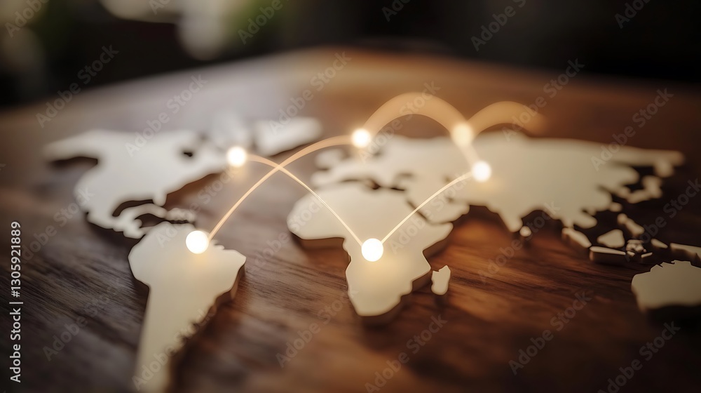 Poster detailed map representation of global connectivity with light points and connecting lines on wooden 