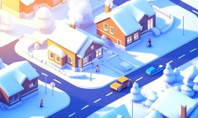 Snowy suburban street scene with people, cars, and houses at sunset