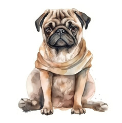Cute watercolor pug sits on a white background